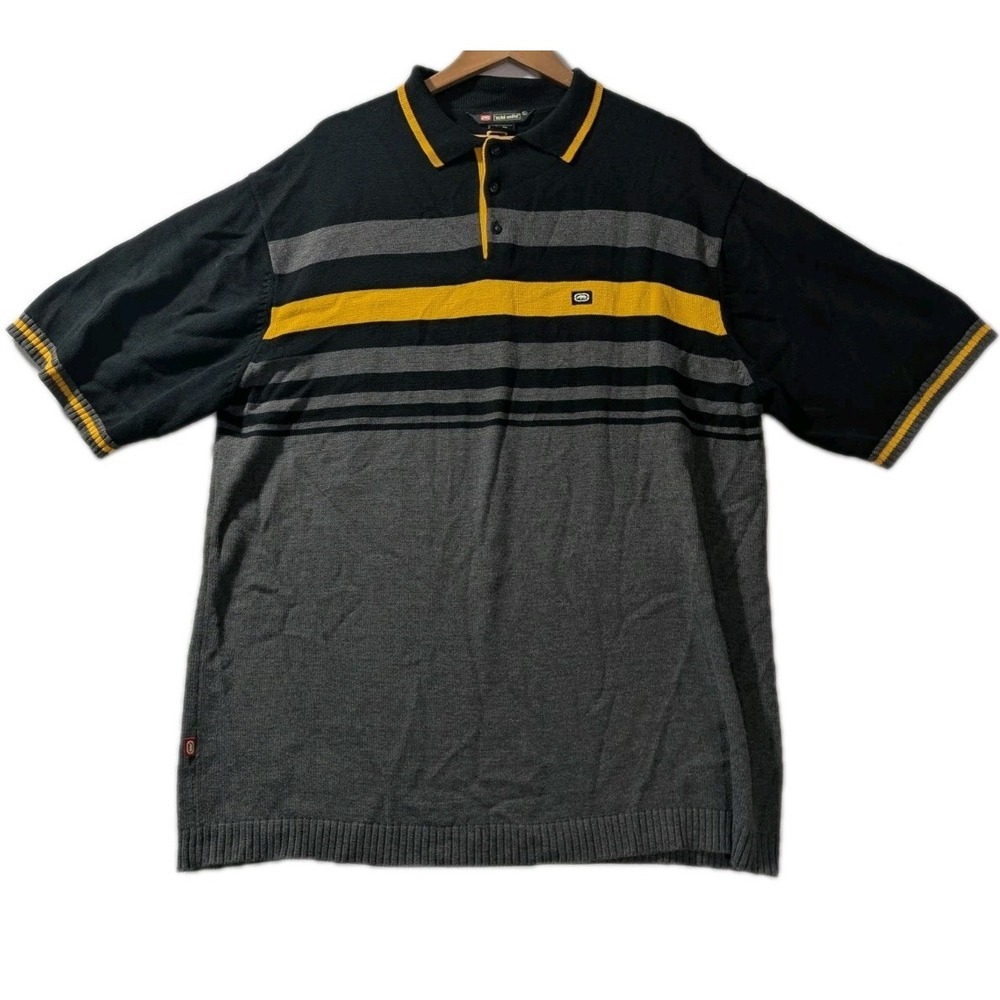 Y2K Ecko Unltd Sweater Polo Shirt‎ XL Black Gray Yellow Stripe Knit Hong Kong